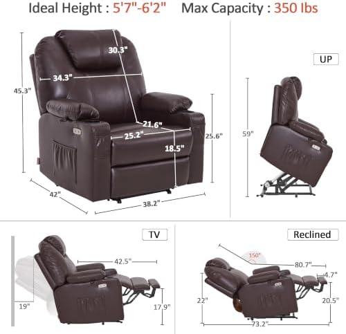 MCombo Oversized Power Lift Recliner Chair for Elderly, Lift Chair with Heat and Massage for Big and Tall, USB&Type C Ports, Cup Holders, Faux Leather R7510 (Dark Brown, Large-Wide) - Image 3