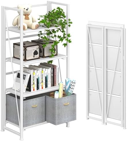 4NM No Assembly Folding Bookshelf Storage Shelves 4 Tier Vintage Bookcase Standing Racks Study Organizer Home Office by 4NM