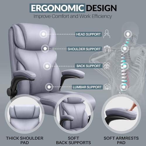 HeroSet Office Chair, Ergonomic Big and Tall Computer Desk Chairs, Executive Breathable Leather Chair with Adjustable Flip-up Armrests, Lumbar Support Swivel PC Chair with Rocking Function,Matte Gray - Image 6