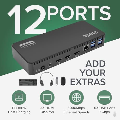 Plugable USB C Triple Display Docking Station | 100W PD, 3x HDMI (1x 4K 30Hz, 2x 1080p 60Hz), 6x USB 5Gbps Ports | Windows, macOS, ChromeOS Compatible - Enhance Productivity with Multi-Monitor Support - Image 2