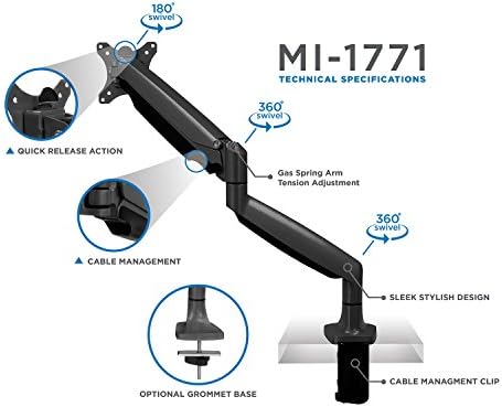 Mount-It! Single Monitor Arm Desk Mount with Gas Spring, Height Adjustable Monitor Stand for 13–32 Inch Screens up to 20 lbs, VESA 75x75 & 100x100, C-Clamp & Grommet, Sit-Stand Desk Compatible - Image 6