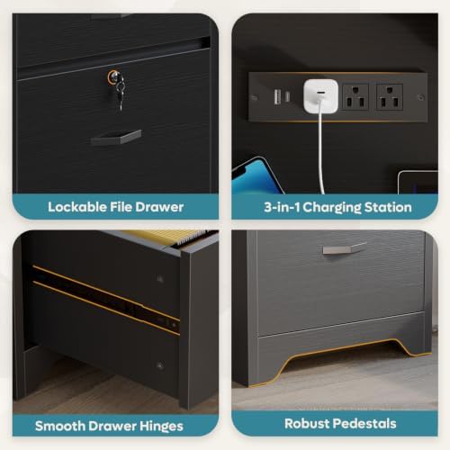 Bestier 59” Office Desk with Lockable Drawers & Charging Station, Black - Image 5