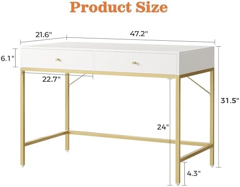 SUPERJARE White and Gold Vanity Desk with Drawers, 47 inch Computer Desk - Image 3
