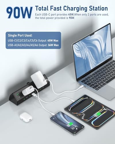 Jgstkcity 90W Desk Clamp Power Strip,12 USB Ports (6 PD 45W USB-C),Surge Protector,ETL Listed Power Hub Extension Cord,Fast Charging Station for Home Office Desk Edge Mount (Black,12 USB-90W) - Image 3