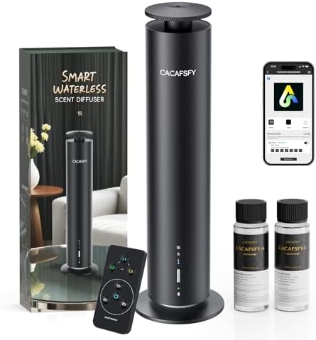 Waterless Essential Oil Diffuser for Large Room up to 1000 Sq Ft - Smart Hotel Scent Diffuser for Home with App, Remote & Timer, Whisper-Quiet Aluminum, Includes 2 x 120ml Oils (Black) by CACAFSFY