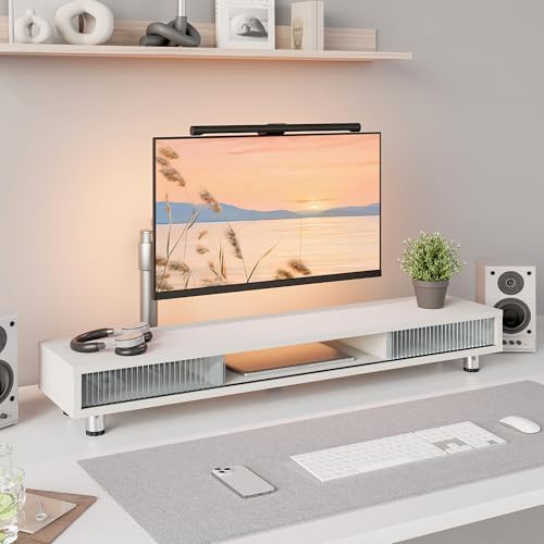 Fenge Dual Monitor Stand with Storage, Desk Shelf with Glass Sliding Door - Image 6