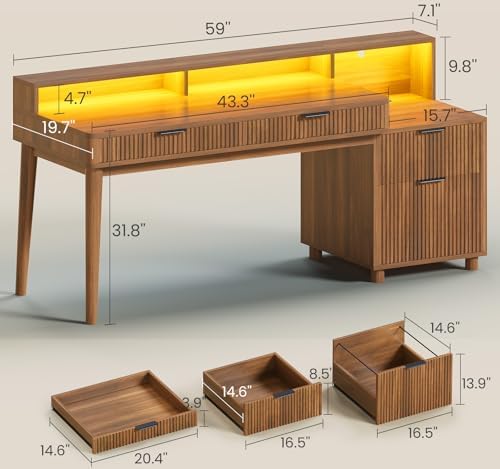 SEDETA Modern Office Desk with 4 Drawers, 59" Fluted Gaming Computer Desk with Storage, LED Lights and Power Strip, Wood Writing Desk Study Table for Home Office, Living Room, Bedroom, Brown - Image 2