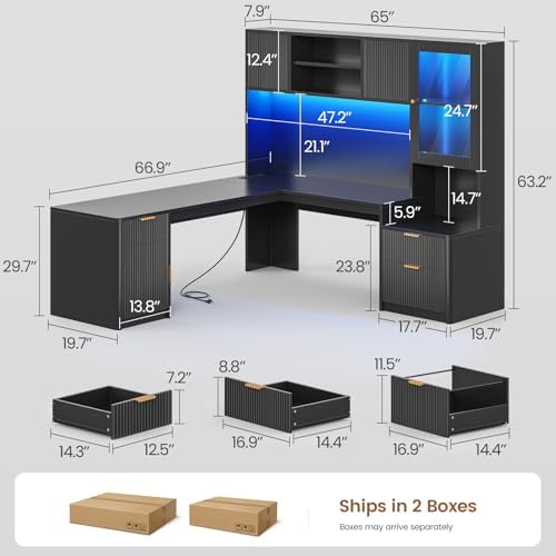 SEDETA 67" x 65" L Shaped Desk with Hutch, RGB LED Corner Computer Desk with Power Outlets, Fluted Home Office Desk with File Drawer, Storage & Glass Display Cabinets for Gaming & Working, Black - Image 2