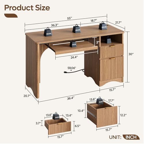 Bestier 55 Inch Computer Desk with Drawers, Power Outlet, Brown Oak - Image 2