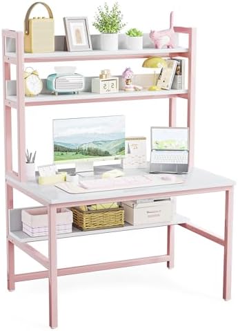 Aquzee Pink Desk with Shelves, Computer Desk with Hutch, 47 Inch by Aquzee