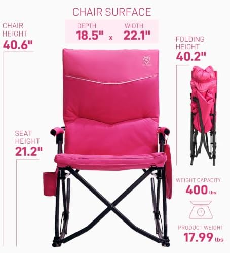 EVER ADVANCED Oversized Folding Rocking Camping Chair, Padded Portable Rocker Chair for Patio, Lawn and Outdoors, Heavy Duty Hard Armchair for Adults Supports 400lbs, Pink - Image 3
