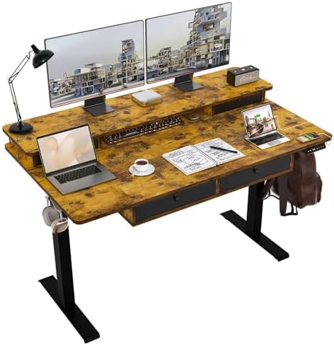 55 * 30 Inches Electric Standing Widened Desk Adjustable Height with 4 Drawers, Double Storage Shelves Stand Up Desk, Home Office Workstation Sit Stand up Desk (Rustic Brown) by ExaDesk
