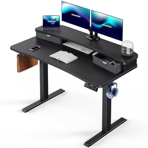 HUANUO 48″ x 28″ Electric Standing Desk with 2 Drawers, C-Clamp Mount Compatible, Height Adjustable Computer Desk, Home Office Stand Up Desk with 4 Preset Heights & 2 Hooks, Black by HUANUO