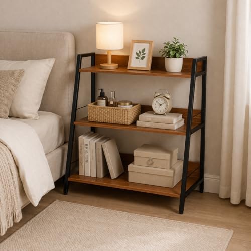 Ladder Shelf, 3 Tier Bookshelf, Small Bookshelf for Small Spaces, Wood and Metal Bookcase, Ladder Bookshelf, Modern Storage Shelf for Living Room and Office (Black, Ladder) - Image 3