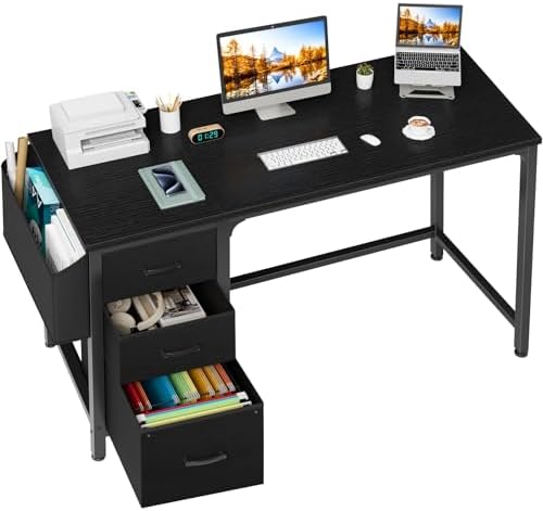 Lufeiya Computer Desk with Fabric File Drawers Cabinet, 55 Inch Reversible Home Office Desks with Filing Cabinet, Study Writing Table PC Desks with Storage for Bedroom, Black by LUFEIYA