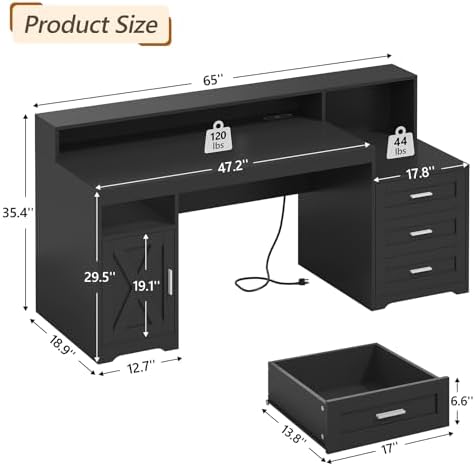 65" Farmhouse Computer Desk with Drawers and Printer Stand for Home Office - Image 2