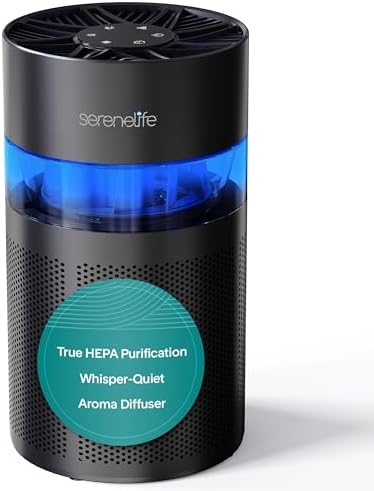 SereneLife Portable Air Purifier - Small Air Purifier with Aroma Box & Ambient Light, High Filtration Efficiency, 2-Speed, Timer & Sleep Mode, Filter Change Reminder, 6 x 6 x 12 in. (Black) by SereneLife