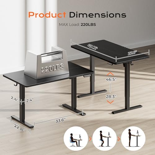 Huuger 48 x 28 Large Electric Standing Desk, Height Adjustable Desk, 27.6" Deep Desktop, Stand up Gaming, 2 Hooks, 3 Preset Heights, for Home Office, Black - Image 2