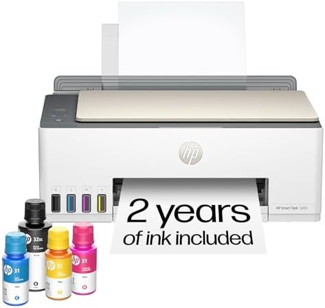 HP Smart Tank 5000 Wireless All-in-One Ink Tank Printer, Scanner, Copier with 2 Years of Ink Included, Best-for-Home, Cartridge-Free, Refillable and AI-Enabled. (5D1B6A) by Unknown