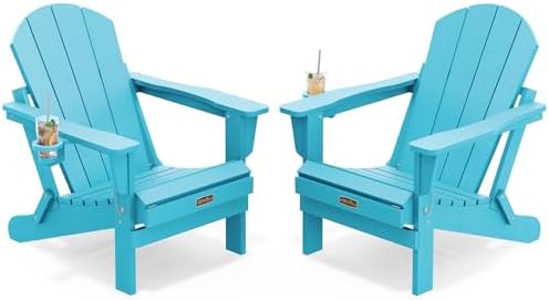 SERWALL Patio Folding Adirondack Chair Set of 2 with Cup Holder -Aruba Blue by SERWALL