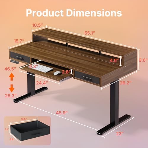 HUANUO 55″ x 26″ Electric Standing Desk with 2 Drawers &24.4″ Large Keyboard Tray, C-Clamp Mount Compatible, Adjustable Computer Desk for Office, Sit Stand Up Desk with 4 Height Presets, Deep Walnut - Image 2