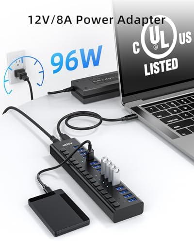 AGEEN 16-Port Powered USB 3.2 Hub, 10Gbps Data Transfer, 96W Power Adapter - Image 4