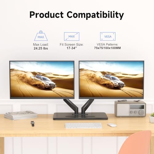 suptek Dual Monitor Mount Gas Spring Monitor Arm Desk Stand with Base,Free Standing Pneumatic Height Adjustable Monitor Stand for 17 to 34 inch,Holds up to 24.25 lbs,Black(ML8SPX) - Image 2