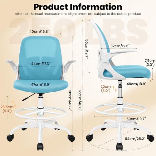 Primy Drafting Chair Tall Office Chair with Flip-up Armrests Executive Ergonomic Computer Standing Desk Chair with Lumbar Support and Adjustable Footrest Ring（Blue） - Image 3