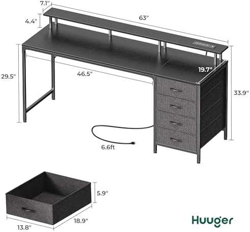 Huuger 63 Inch Computer Desk with Power Outlets and LED Lights, Gaming Desk with 4 Drawers, Office Desk with Monitor Stand, Study Desk Work Desk for Home Office, Black - Image 2