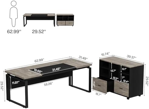 Tribesigns L-Shaped Executive Desk with Reversible File Cabinet, 63" Office Desk with Storage Drawers, L-Shaped Computer Desk with Drawer Cabinet for Hanging Letter Size Files (Gray & Black) - Image 2