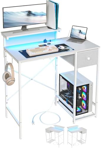 X-cosrack 33.5" Small Computer Desk with Monitor Stand & Outlets, Small Gaming Desk with LED Light & CPU Stand, Teen Study Writing Table with Storage Drawer, Side Hooks for Bedroom, Home Office White by X-cosrack