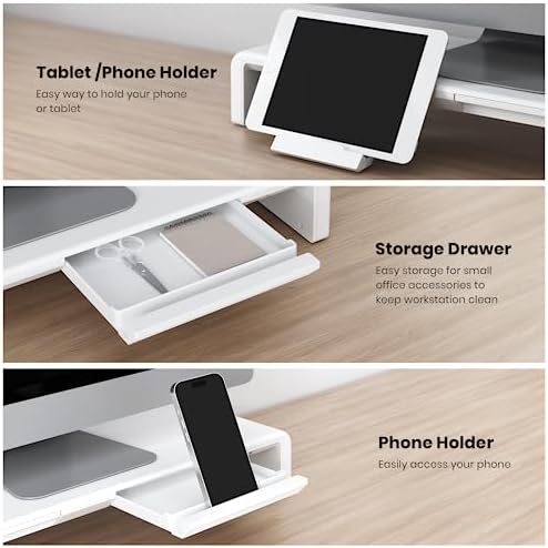 Monitor Stand Riser, Klearlook Foldable Computer Monitor Riser, Height Adjustable Computer Stand, Desk Shelf Riser with Storage Drawer & Tablet Phone Stand for Computer, Desktop, Laptop (White 2 Pack) - Image 5