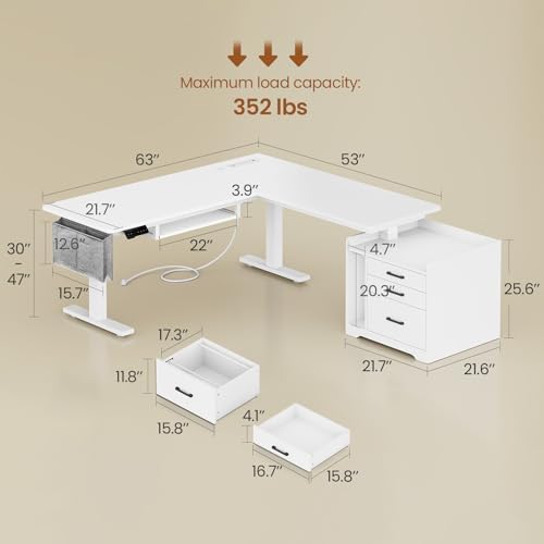 SEDETA L Shaped Standing Desk with File Cabinet, 3 Drawers, Power Outlet - Image 2