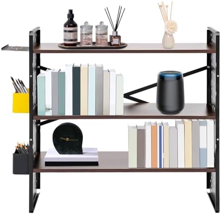 3 Tier Desktop Bookshelf, 23.6" Tall Modern Desktop Shelf Unit w/Storage Boxes & Shelf, Adjustable Bookcase for Home Office Decor (Black, 60cm/23.6in) by Unknown
