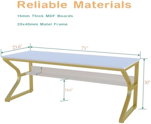 OSCHF 71-Inch Extra Long Desk with Storage Shelf, Gold - Image 2