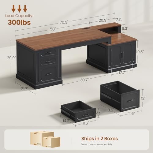 SEDETA Farmhouse 70.9" Executive Desk, Home Office Desk with File Drawers and Storage Cabinet, Computer Desk with Power Outlet for Home Office, Work Study Writing, Black+Brown - Image 2