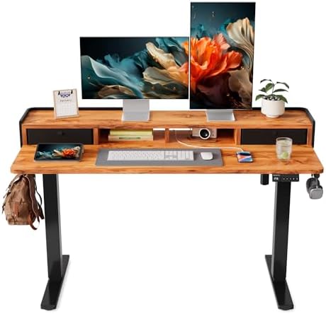 YIHAYO Electric Standing Desk with Drawers, 55 x 24 Inches Adjustable Desk with Storage Shelf, Stand Up Desk with Splice Board, Computer Table for Home Office, Black Frame/Rustic Brown Top by YIHAYO