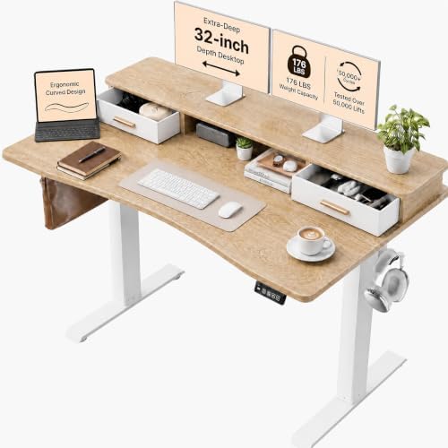 Grandder Electric Standing Desk with Two Drawers, CurvedSit to Stand Up Height Adjustable Desk with Storage Shelf for Home Office, 63 * 32 Inch, Study, Ergonomic Adjustable Computer Desk, Oak by Grandder