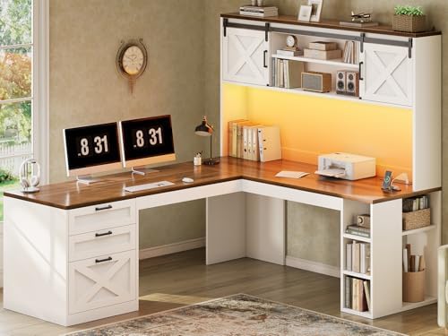 SEDETA 67" Farmhouse L Shaped Desk with Hutch, White+Brown by SEDETA