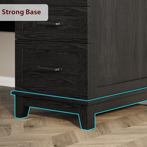 53.54" Executive Desk with Drawers, Farmhouse Home Office Desk with Charging Station & File Cabinet, 4 Storage Drawers Wooden Computer Desk with Power Outlet for Work Study Writing, Black - Image 7