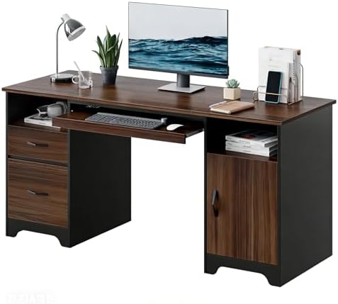 Bestier 59" Office Desk with File Drawer, Keyboard Tray & 2 Drawers, Cherry by Bestier
