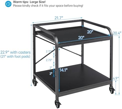 Fannova 2 Tier Under Desk Printer Stand with Storage, 20 Inches Deep Large Printer Table with Height Adjustable Shelf, Rolling Printer Cart with Wheels for Home Office - Black - Image 4