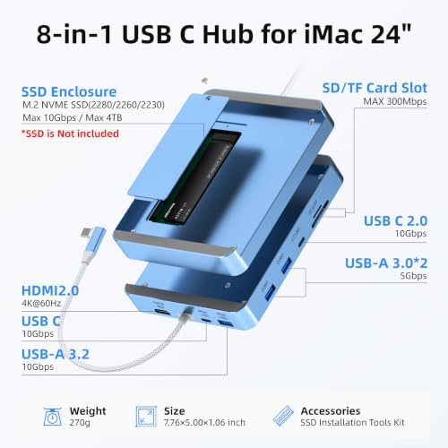USB C Hub for Mac 24 inch 2021/2023/2024, 8 in 1 iMac USB Hub with M.2 SSD Expansion (SSD Not Included)，with USB A/C 3.2 10Gbps, SD/TF, HDMI iMacM1 M3 M4 Dock Accessories - Image 2