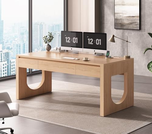 SEDETA 55" Modern Executive Office Desk with 3 Drawers, Light Oak - Image 4