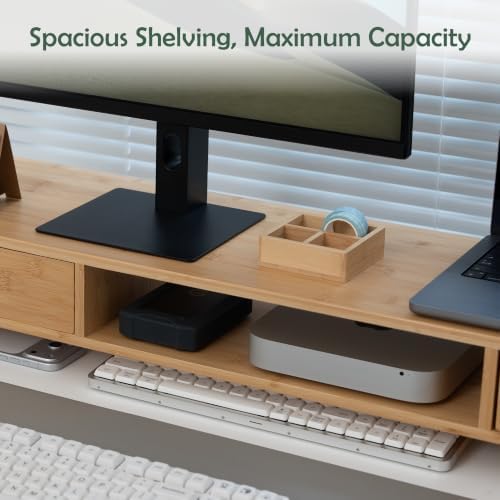 Bamboo Dual Monitor Stand, Natural Desk Shelf with 2 Drawers - Image 3