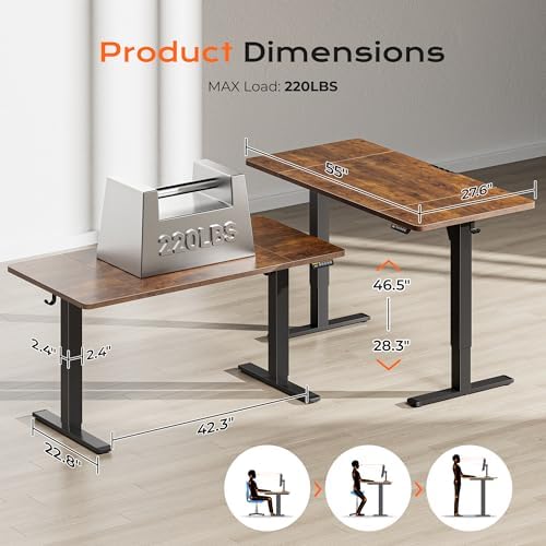 Huuger 55 x 28 Large Electric Standing Desk, Height Adjustable Computer Desk, 27.6" Deep Desktop, Stand up Gaming Office Desk with 2 Hooks, 3 Preset Heights, for Home Office, Rustic Brown - Image 2