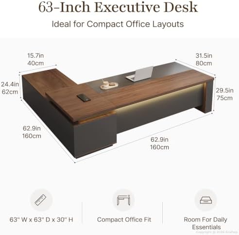 63" L-Shaped Executive Desk with Reversible Return – Modern Office Desk with Drawers, Open Shelves, LED Lighting, Built-in Outlet & USB Ports for Home, Office, School (63" W x 63" D x 30" H) - Image 2