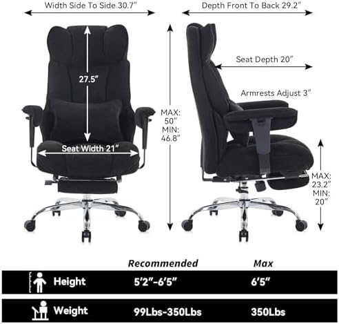 Efomao Executive Office Chair 400lbs, Black Fabric Big and Tall Desk Chair - Image 2