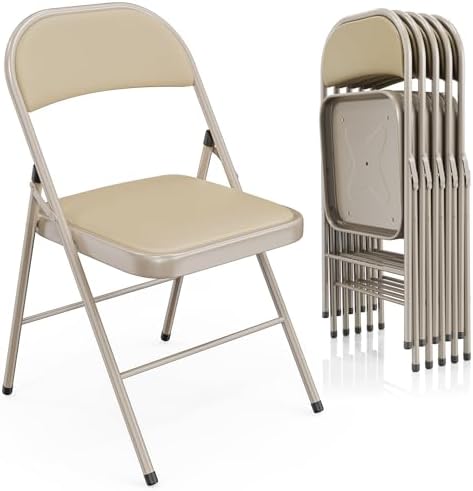 VINGLI 6 Pack Folding Chairs with Padded Seats, Metal Frame with Pu Leather Seat & Back, Capacity 350 lbs, Set of 6, Khaki by VINGLI