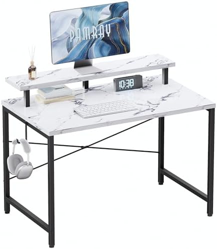 Pamray 32 Inch Small Computer Desk with Monitor Stand, Simple Office Desk with Headphone Hook for Small Spaces, Kids Study Writing Table for Bedroom, Marble by PAMRAY